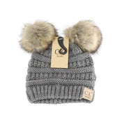 Solid Ribbed Faux Fur Double Pom C.C. Beanie Baby Hat