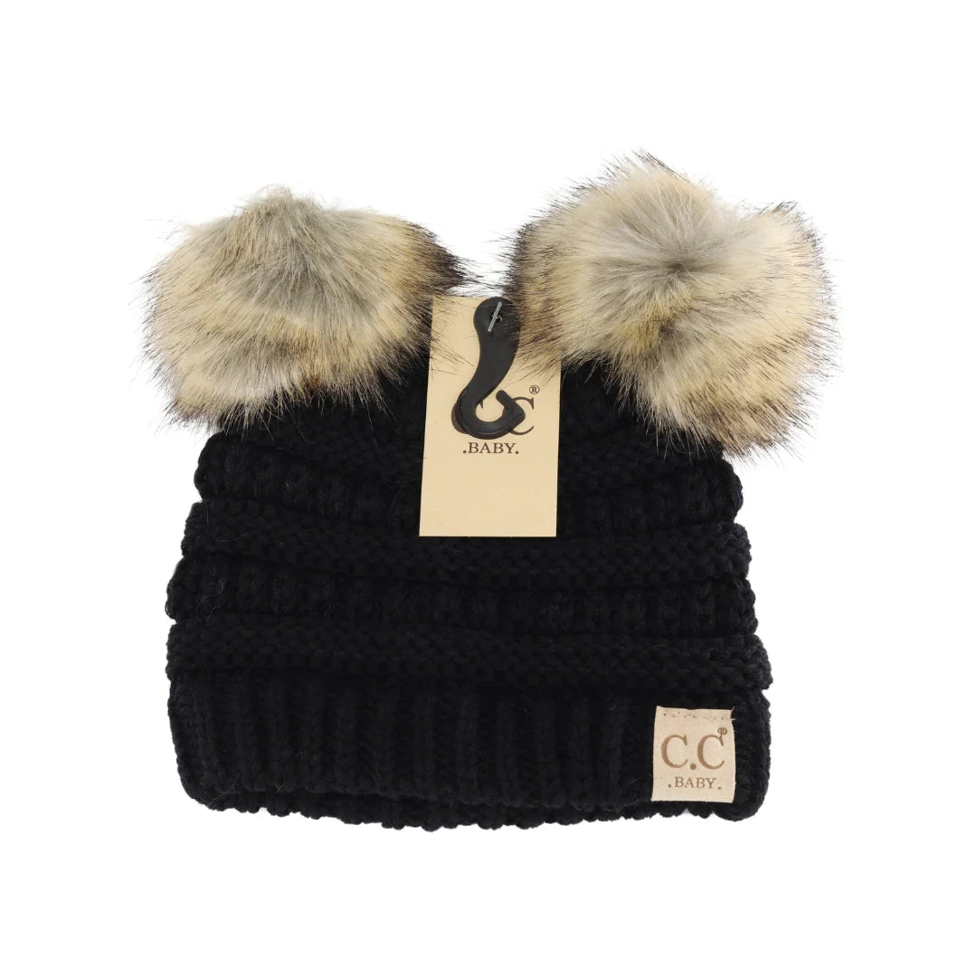 Solid Ribbed Faux Fur Double Pom C.C. Beanie Baby Hat