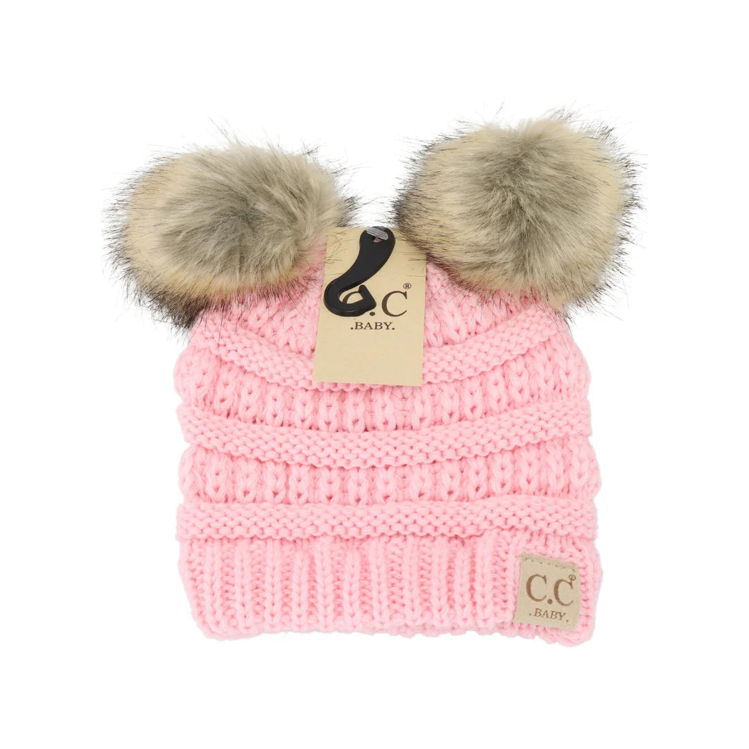 Solid Ribbed Faux Fur Double Pom C.C. Beanie Baby Hat