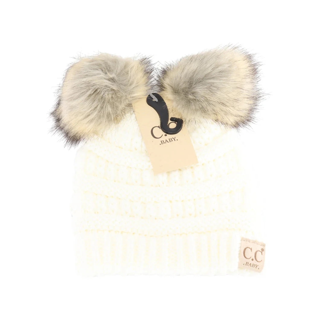 Solid Ribbed Faux Fur Double Pom C.C. Beanie Baby Hat